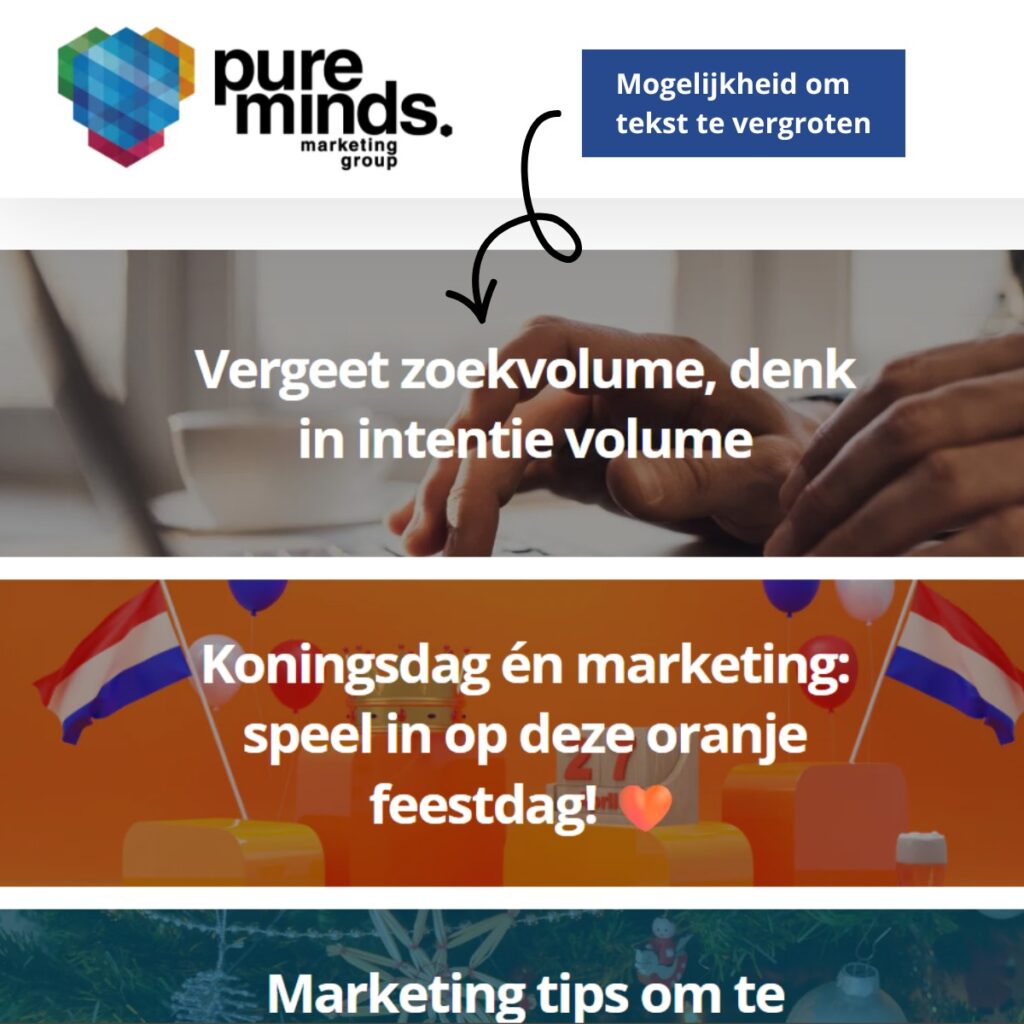 Blog_DigitaleToegankelijkheid_2 Hier zie je een shot van de website van Pure Minds waarbij er is ingezoomd. Er staat als uitleg ook bij ''mogelijkheid om tekst te vergroten''