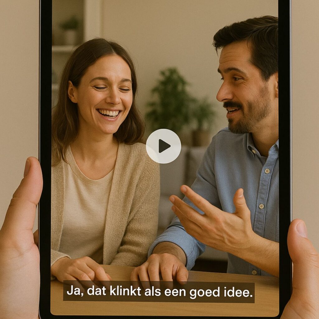 Blog_DigitaleToegankelijkheid_4 Je ziet de handen van een persoon met een tablet in de handen. Op de tablet is een video zichtbaar, waar ondertiteling bij zit. In de ondertiteling staat: ''Ja, dat klinkt als een goed idee''.