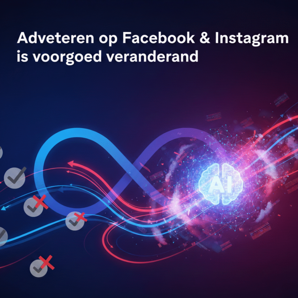 Illustratie met de tekst “Adverteren op Facebook & Instagram is voorgoed veranderd”, met een oneindigheidssymbool, datastromen, vinkjes en kruisen, en een oplichtend AI-brein dat de impact van kunstmatige intelligentie op social media advertising visualiseert.