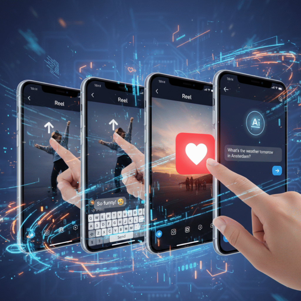 Ontwerp zonder titel (5) (1) Visual met meerdere smartphones waarop Instagram Reels te zien zijn, een hand die interacties uitvoert (swipen, liken, reageren), gecombineerd met futuristische datalijnen en AI-elementen die de rol van kunstmatige intelligentie in social media en contentinteractie verbeelden.