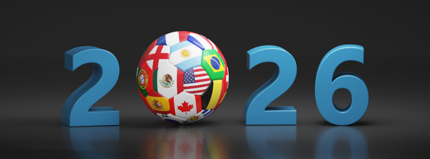 2026 met voetbal van vlaggen als symbool voor het WK voetbal