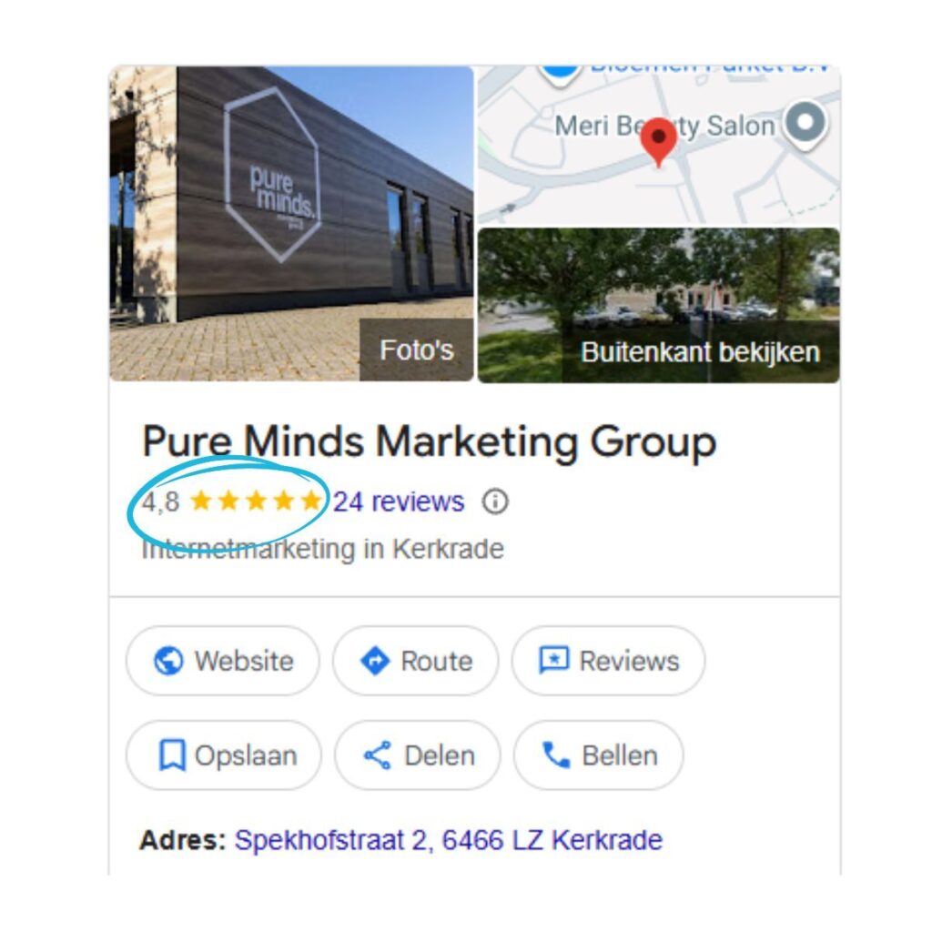 Afbeelding 2 - Blog lokale reviews Google bedrijfsprofiel met 4,8 sterren reviews voor marketingbureau Pure Minds
