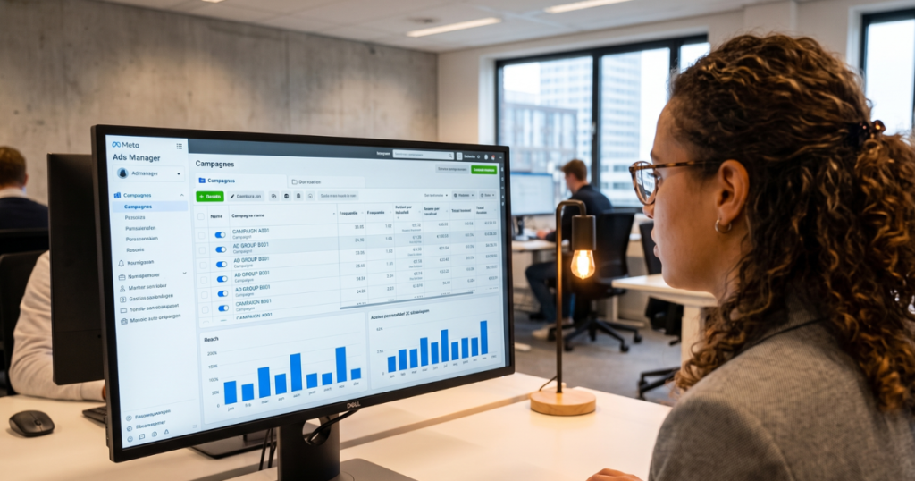 Vrouw op kantoor achter bureau kijkt op een monitor naar Meta Ads Manager