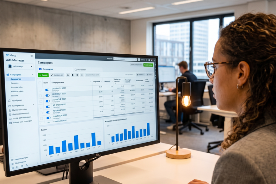 Vrouw op kantoor achter bureau kijkt op een monitor naar Meta Ads Manager